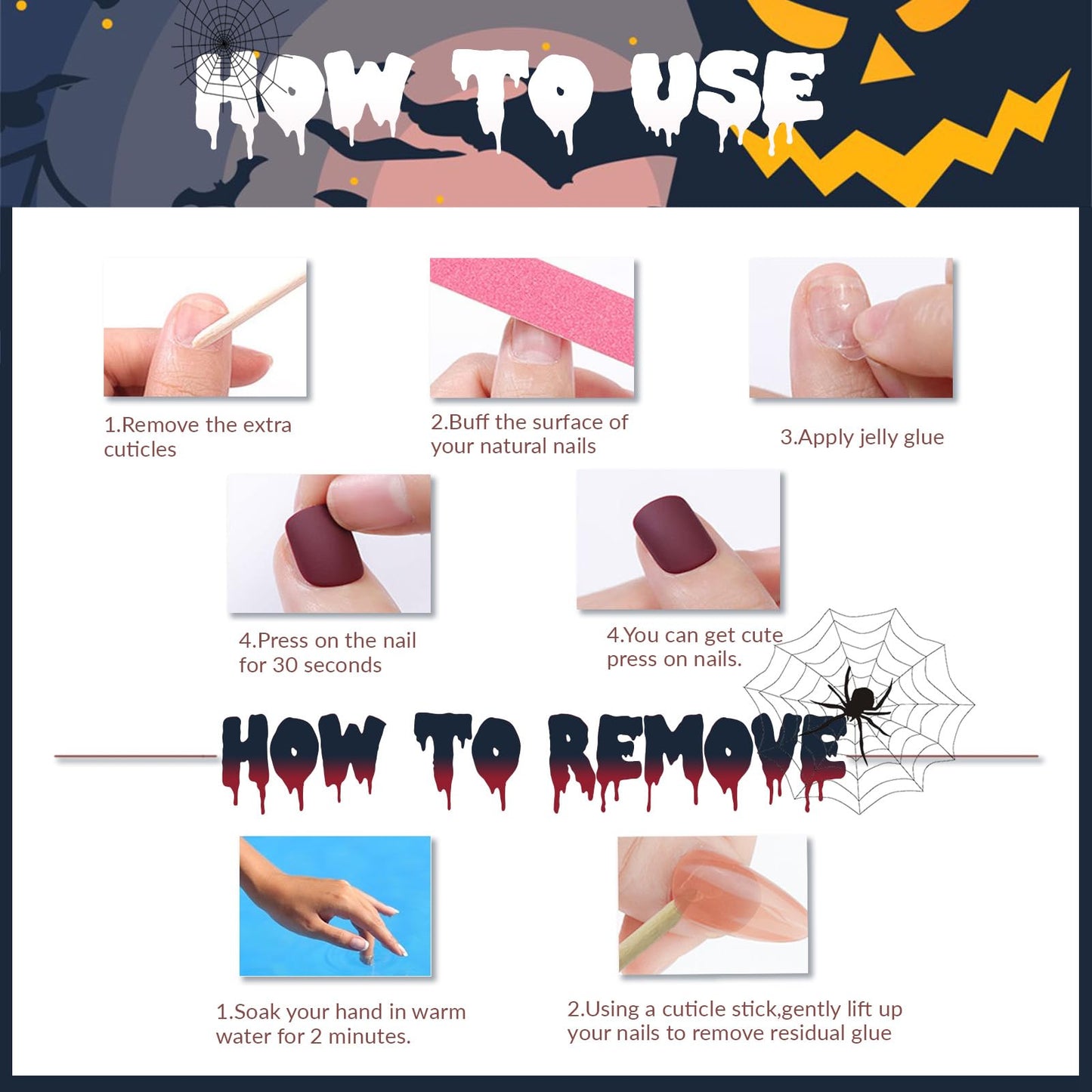 Halloween Press on Nails Long Square Fake Nails with Design Spider Web Glue on Nails Ghost Drop Stick on Nail Full Cover Coffin Acrylic Nail Press ons for Women Manicure 24 Pcs