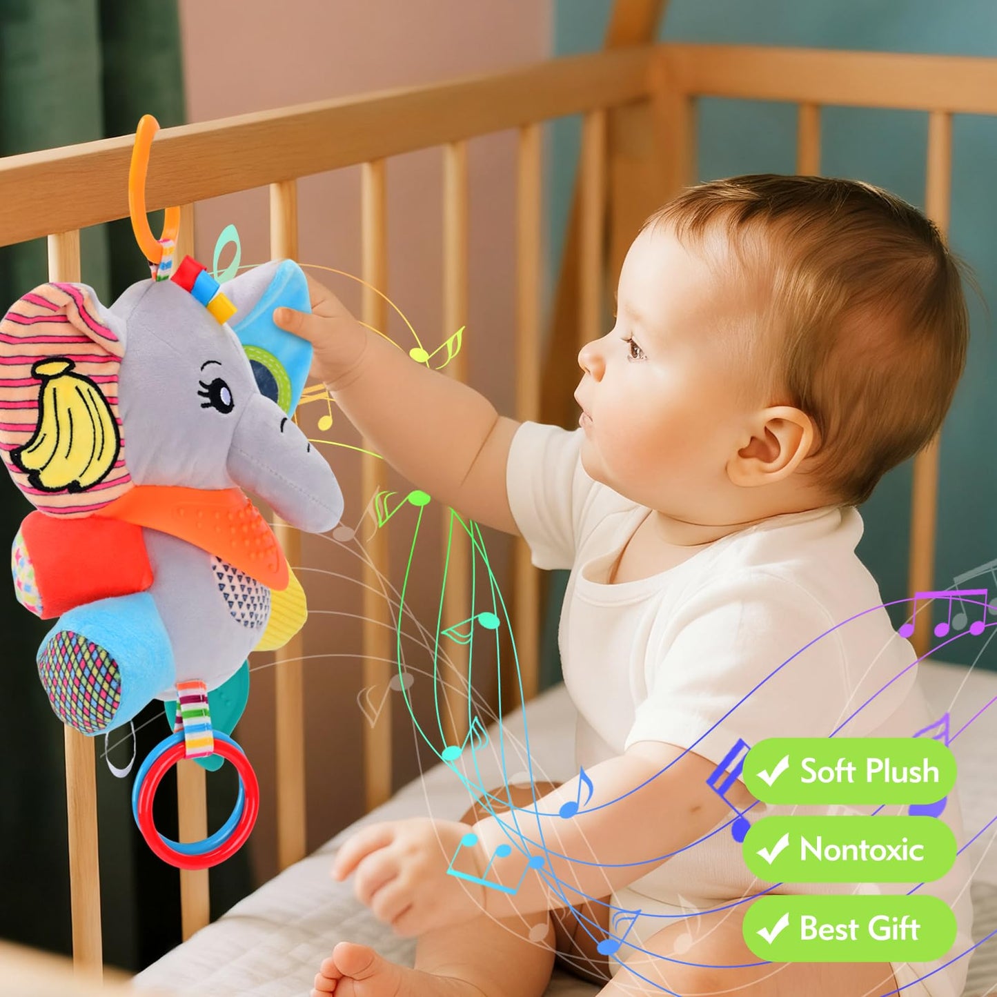 CaftyMids Baby Toys 0-6-12 Months: Elephant with Detachable Touch-Sensitive Sound Box (30 Sounds), Removable Bib, Teether, Rattle, BB Squeaker, Mirror | Attaches to Strollers, Car Seats, Carriers