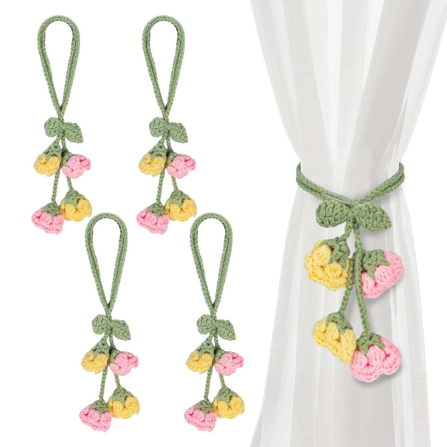 Flower Curtain Tiebacks, 4pcs Lily-of-The-Valley Curtains Holdbacks, Cute Curtain Holdbacks - No Drill Rope Holder, Drape Knitting Handmade for Nursery&Children's Room Decor (Pinkish/Yellow)