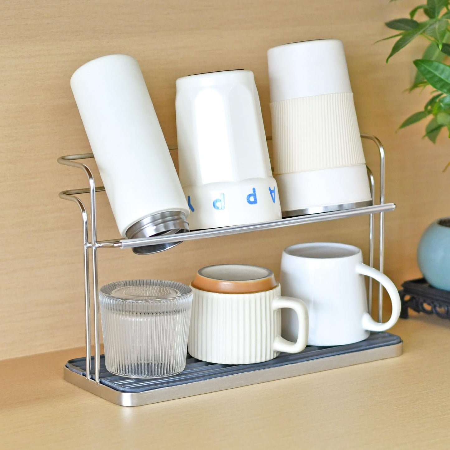 XHKDSYMC Bottle & Cup Drying Rack with Drain Tray (Stainless Steel Silver)