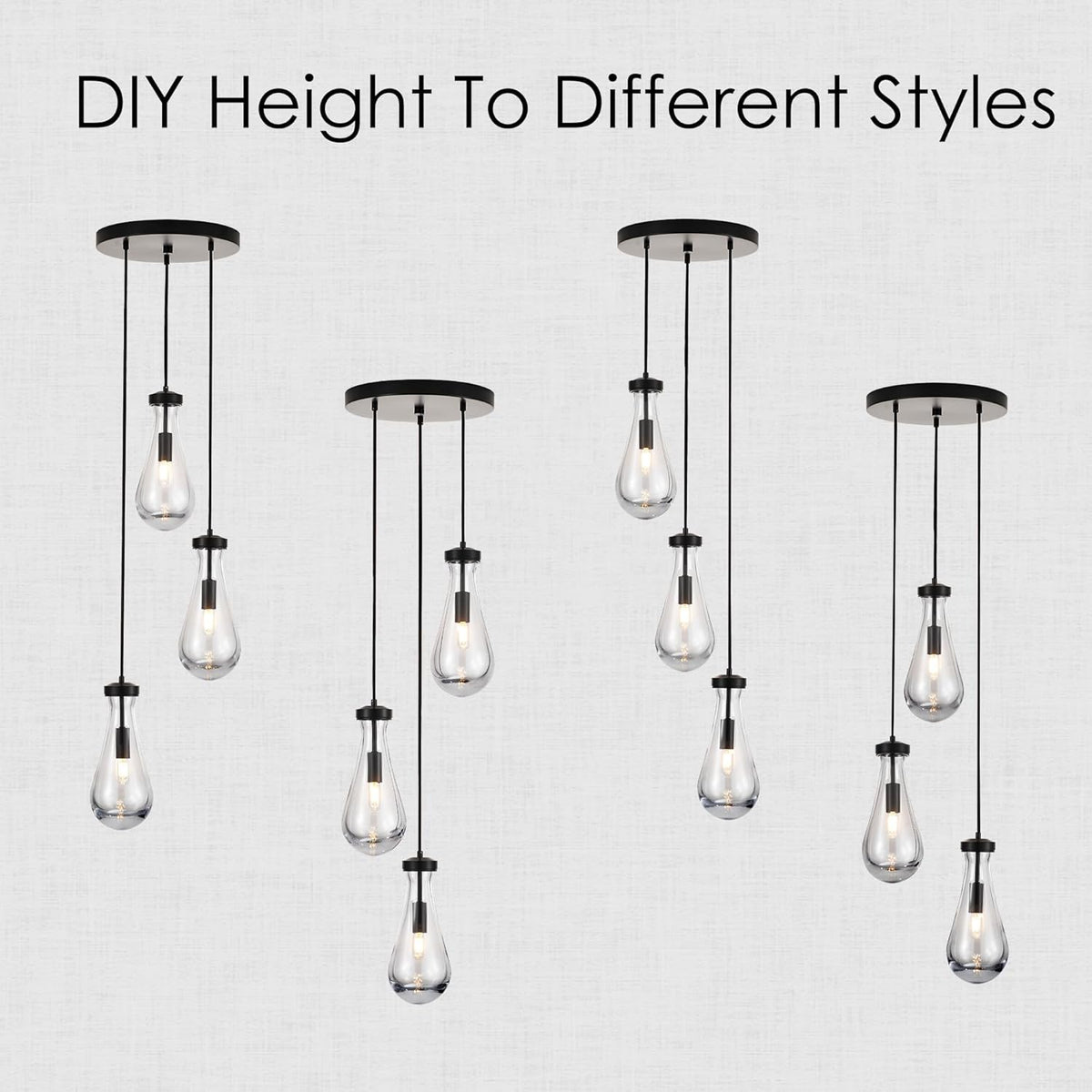 3-Light Raindrop Pendant Light Fixtures, Black Glass Pendant Lighting, Teardrops Modern Hanging Light for Entryway Foyer Kitchen Island Dining Living Room Hallway