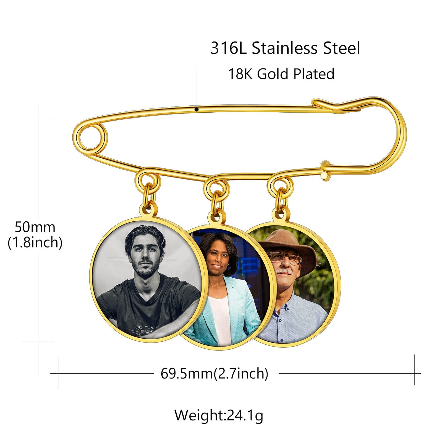 Custom4U Wedding Charms for Bouquet Custom 3 Picutres Customized Photo Pins Round Shaped Memory Charm Funeral Boutonniere
