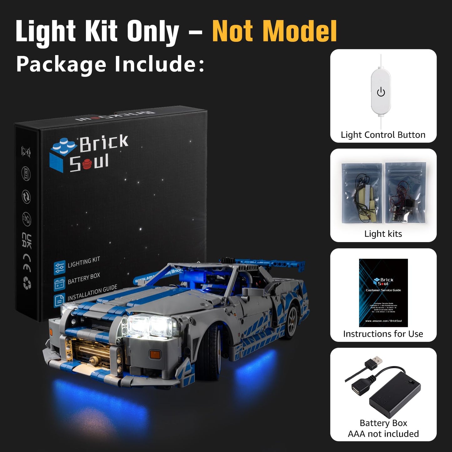 BrickSoul Upgrade Light Kit for Lego 42210 2 Fast 2 Furious Nissan Skyline GT-R (R34) Car Building | with ON/Off & Dimmer Switch & Hidden Cable Tech | Easy Install Lighting Set (42210 NOT Included)