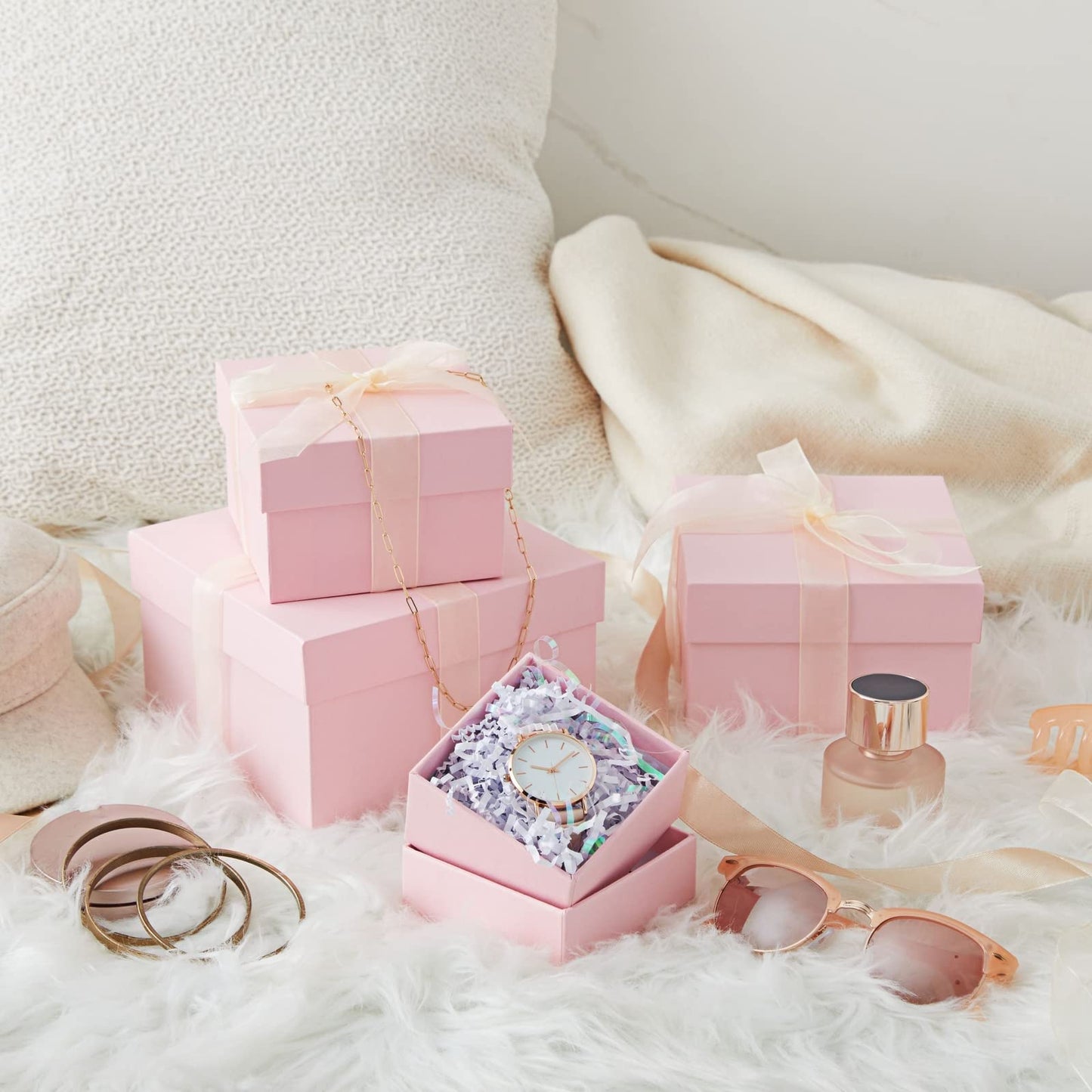 Stockroom Plus Gift Box Set - 4 Piece Assortment, Pink - Nesting & Stackable Pink Square Boxes with Lids for Weddings, Birthdays & Favors