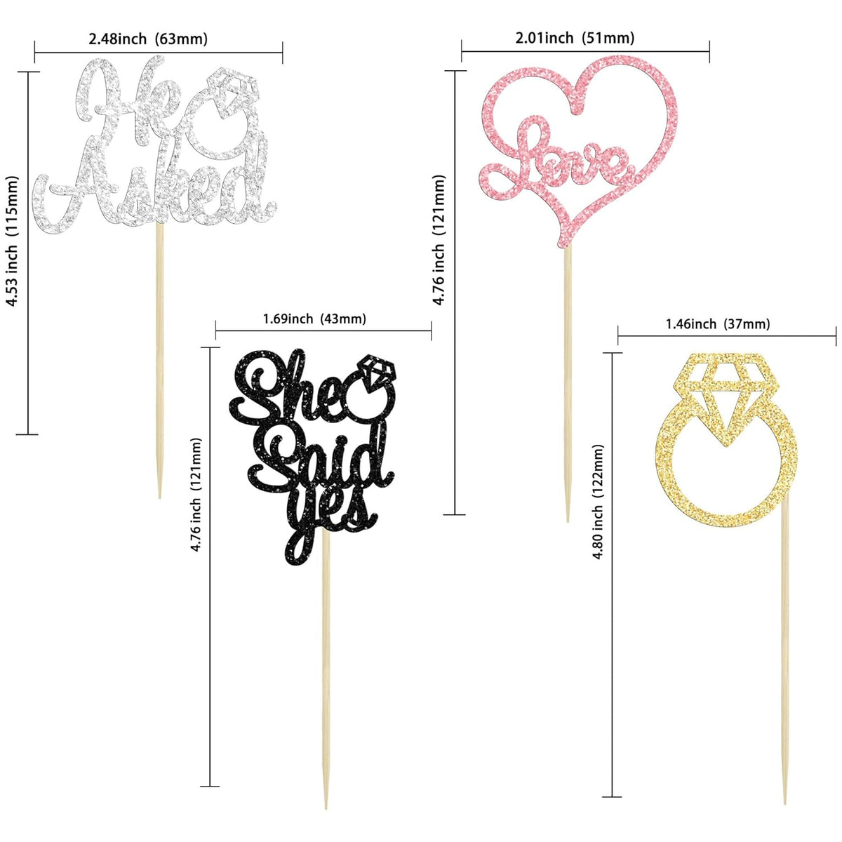 Gyufise 24 Pack Multicolor Glitter He Asked She Said Yes Cupcake Toppers Diamond Ring Heart Cake Picks for Wedding Engagement Party Table Decorations