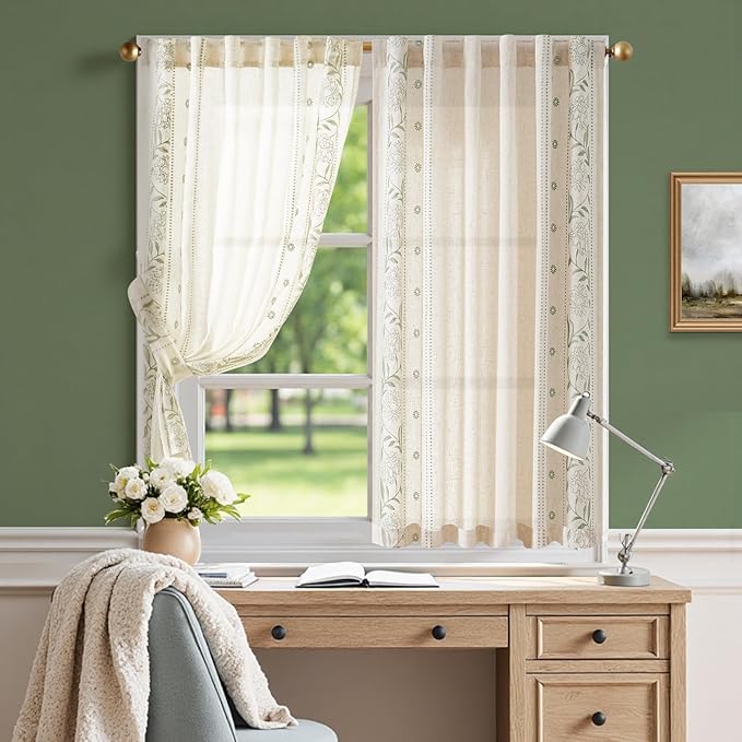 jinchan Winslow Linen Curtains 54 Inch Length Small Window Curtains Embroidered Bordered Floral Drapes Light Filtering for Bathroom Laundry Room Kitchen Farmhouse Decor Sage on Beige 2 Panels