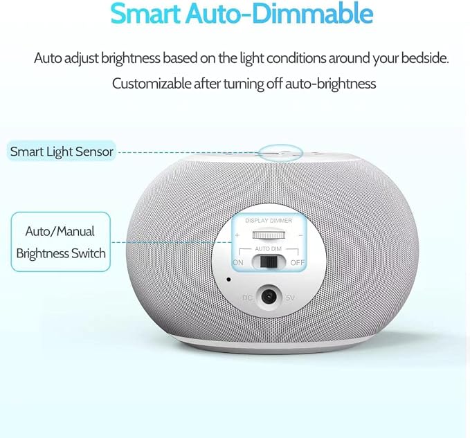 REACHER Auto-Dimmable Sound Machine Alarm Clock with 20 Sounds&Night Light | Auto-dimming LED display, 20 soothing sounds, sleep timer, precise volume, night light, white noise soother for bedrooms