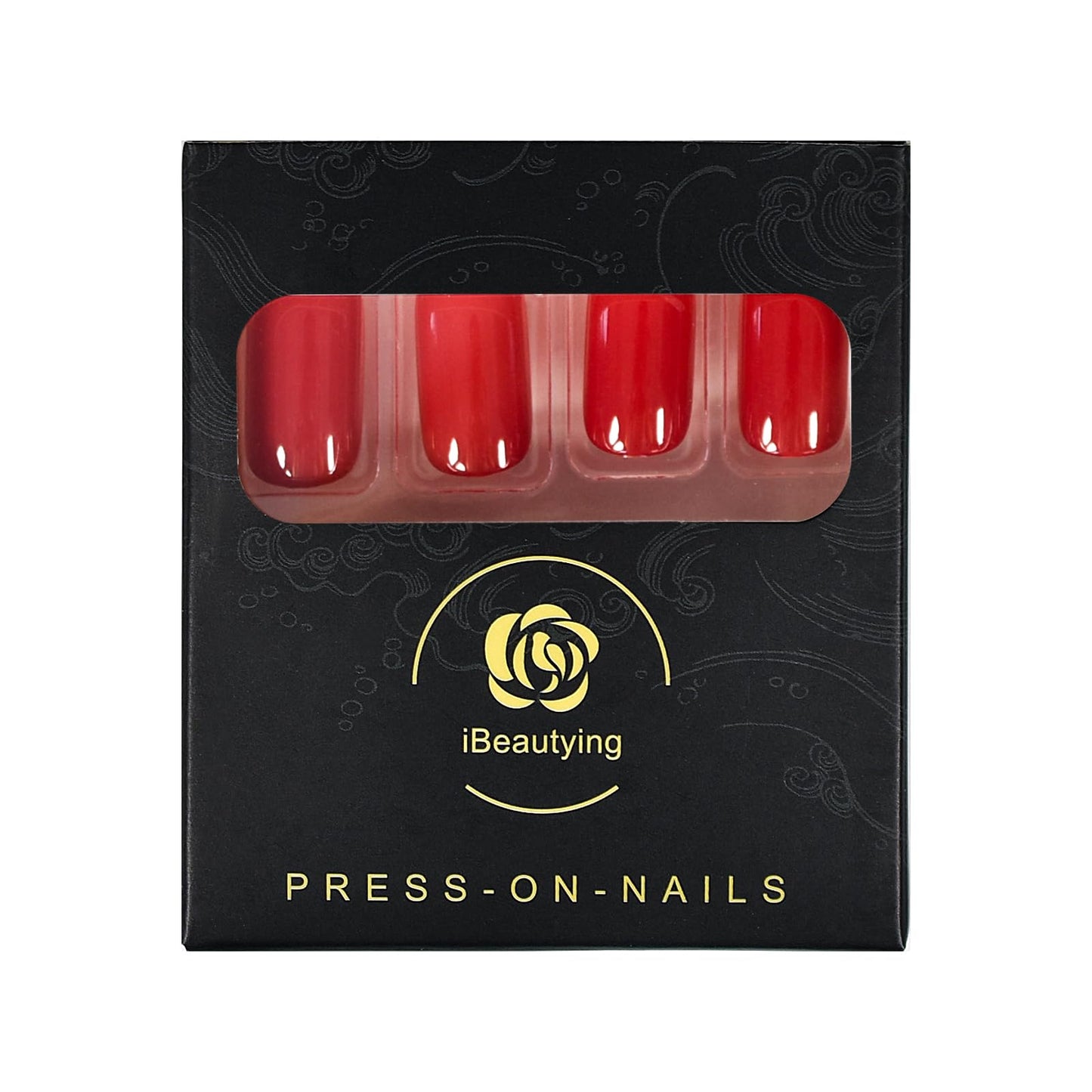 Chinese Bright Red Press on Nails - iBeautying False Nails - Glossy Blood Red Finish Finger Daily Wear Nail - Medium Square Acrylic Reusable Fake Nails 24pcs