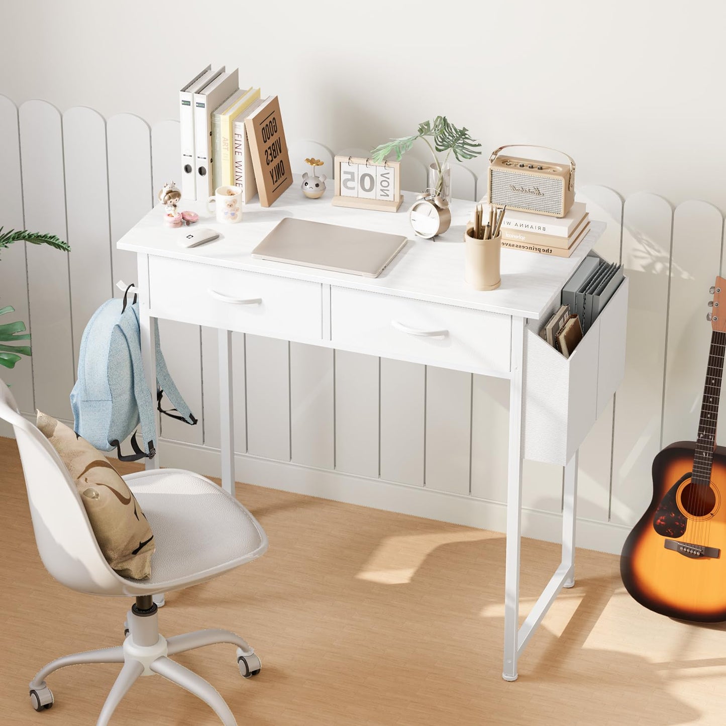 DUMOS 32" Home Office Computer Desk with Drawers, Small Gaming Writing Study Table with Storage Side Bag, Headphone Hook and Adjustable Feet for Bedroom White