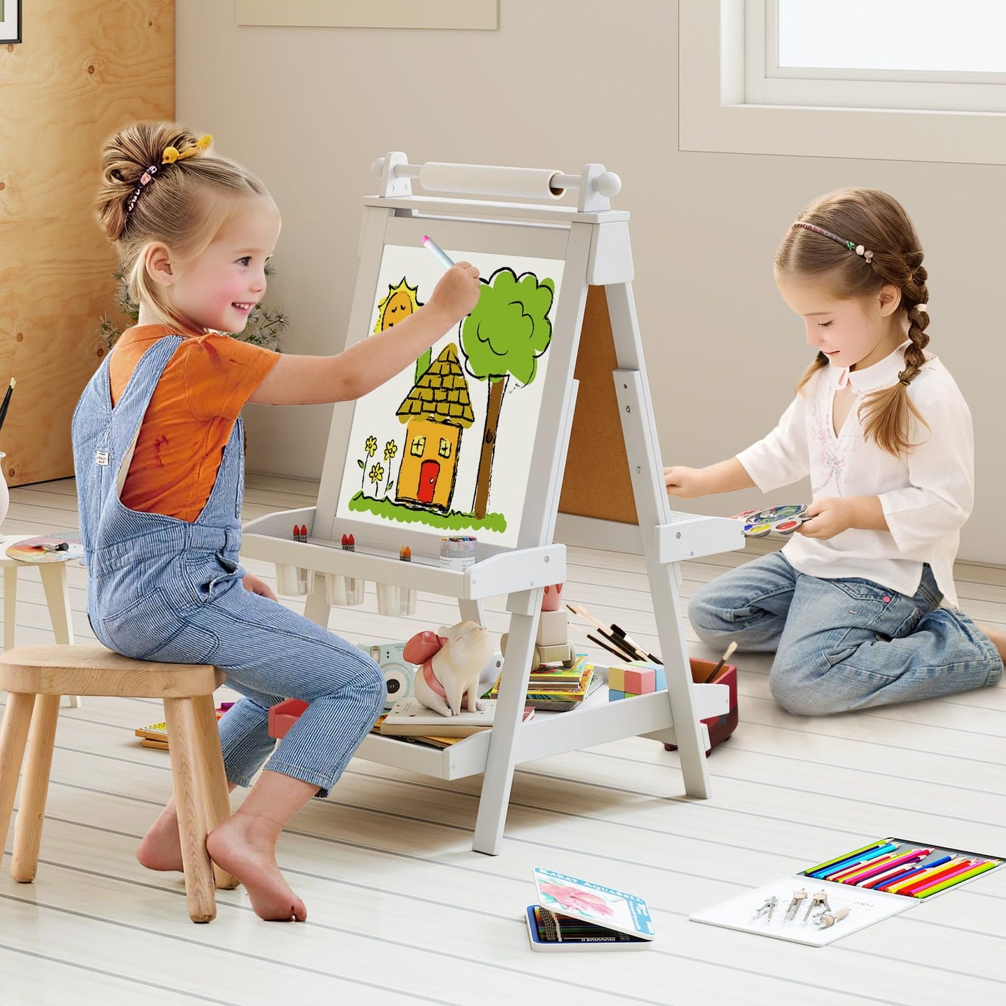 OLAKIDS Easel for Kids, 3 in 1 Adjustable Painting Art Board, Foldable Double-Sided Wooden Drawing Chalkboard Magnetic Whiteboard with Paper Roll, Storage Rack, Cups for Boy Girls (Gray)