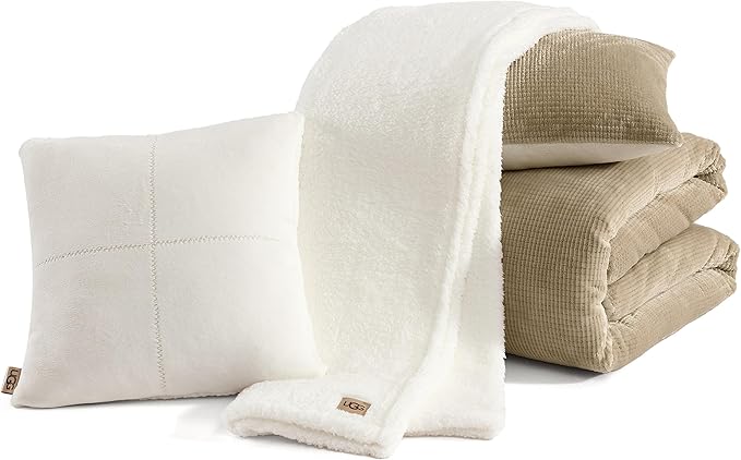 UGG Remina Twin Comforter Set 4 Piece Bed in a Bag with Throw Blanket, Decorative Pillow Sham and Reversible Comforter Hypoallergenic Washable College Dorm Bedding, Twin XL, Brown Birch