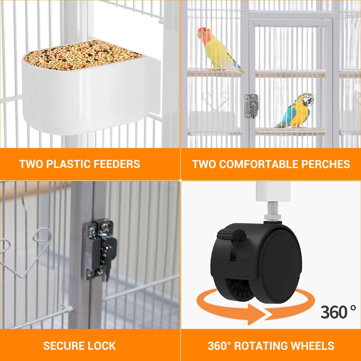 41'' Wrought Iron Birdcage with Detachable Rolling Stand & Feeder, Large Bird Cage with Secure Lock & Slide-Out Tray, Indoor Outdoor Bird Cage on Wheels,Parrot Cages for Parakeets, Pigeons, White