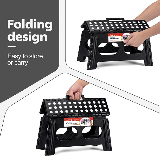 ACSTEP Foldable Step Stool for Kids and Adults,15-Inch Extra Wide 9-Inch Height (2 Pack) More Safe and Comfortable Holds Up to 300 lbs Folding Step Stool for Bathroom, Garden, Kitchen（Black）