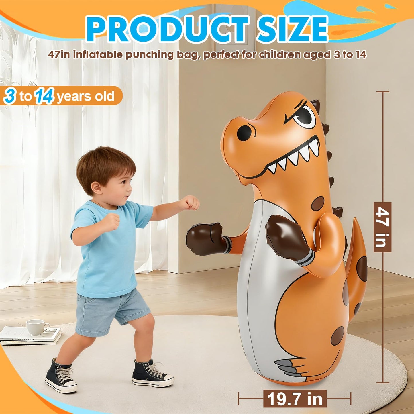Inflatable Dinosaur Punching Bag for Kids, 47" Toddler Blow up Punching Bag for Ages 3-14, Children Bop Bag Toys & Gifts with Bounce-Back Action