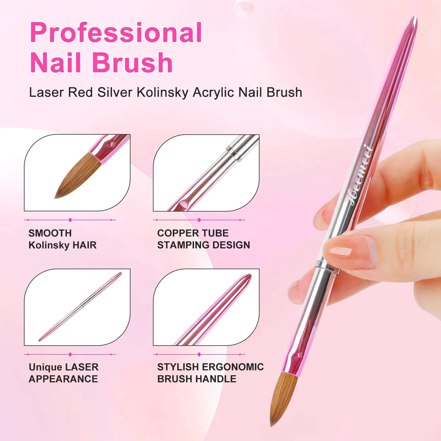 heemeei Acrylic Nail Brush Size 10, 100% Kolinsky Acrylic Brushes for Nails, Nail Brushes for Acrylic Application, Pinceles Para Uñas Acrílicas, Acrylic Powder Brush for Professional Manicure DIY