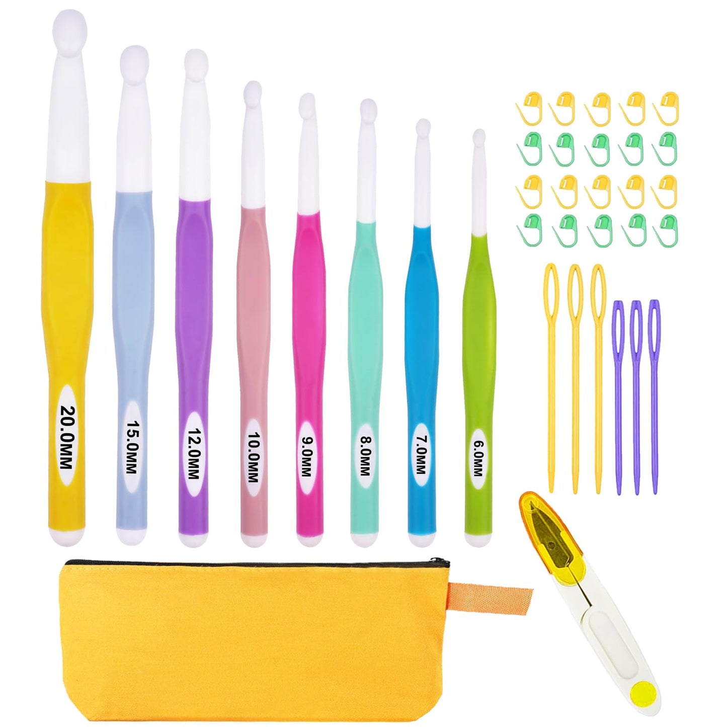 Hobekoee 36Pcs Crochet Hooks Set with Case,8 Sizes Ergonomic Crochet Hooks for Arthritic Hands,Long Crochet Needles 6mm-20mm Crochet for Weaving Blankets,Coaster,Bag