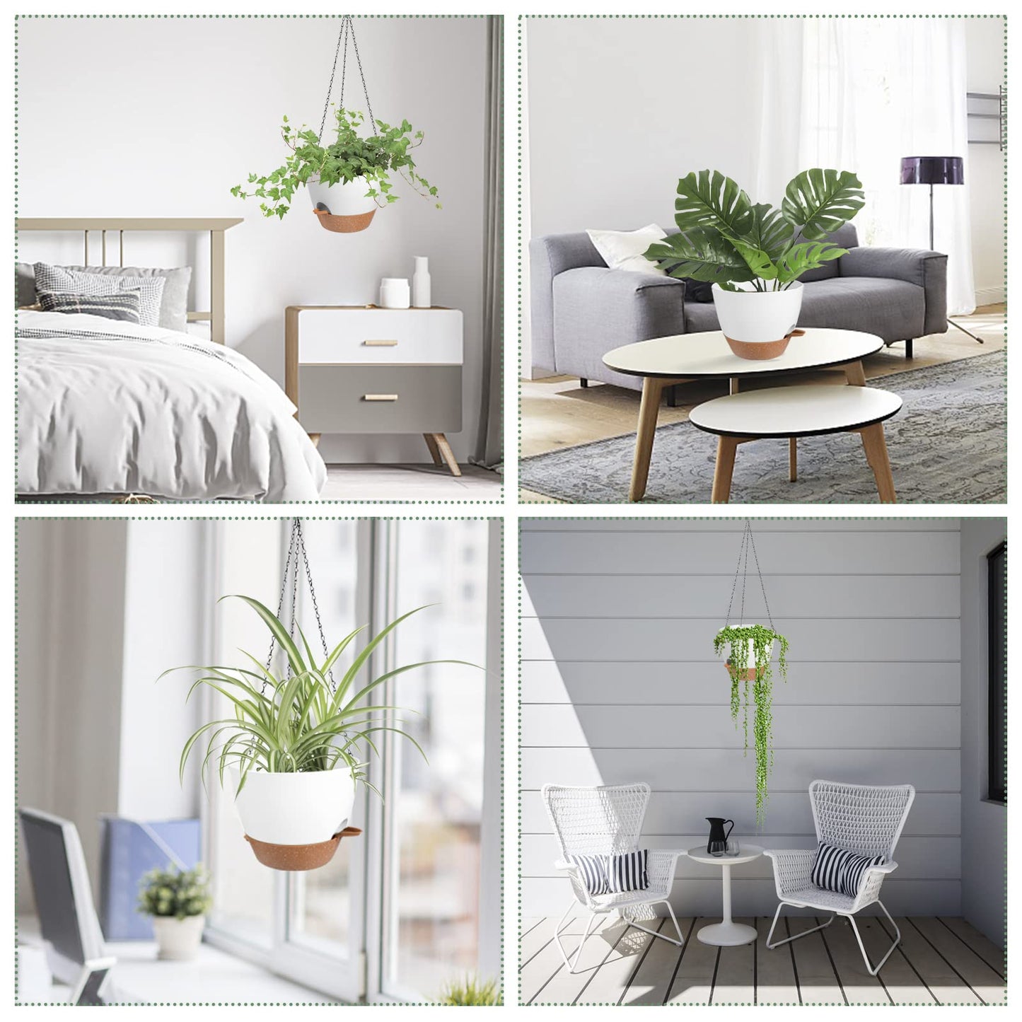 Vanslogreen Hanging Planters for Indoor Outdoor Plants, 2 Pack Self Watering Hanging Pot with Drainage Holes & Removable Tray (White, 8'')