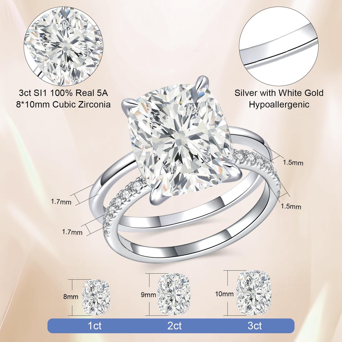 AVECON 3CT Elongated Cushion Cut Engagement Ring Set for Women, Wedding Promise Cubic Zirconia Band, White Gold Plated Stackable Adjustable Bridal Half Eternity Open Rings, Size 6