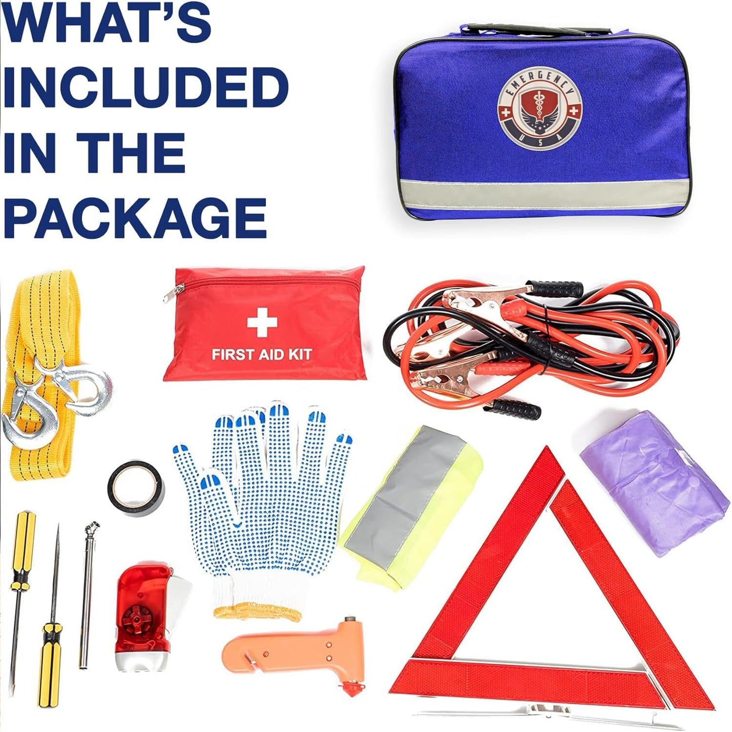 Roadside Car Emergency Kit - First Aid Set, Jumper Cables, Tow Strap, LED Flash Light, Rain Coat, Tire Pressure Gauge, Safety Vest and More (Blue)