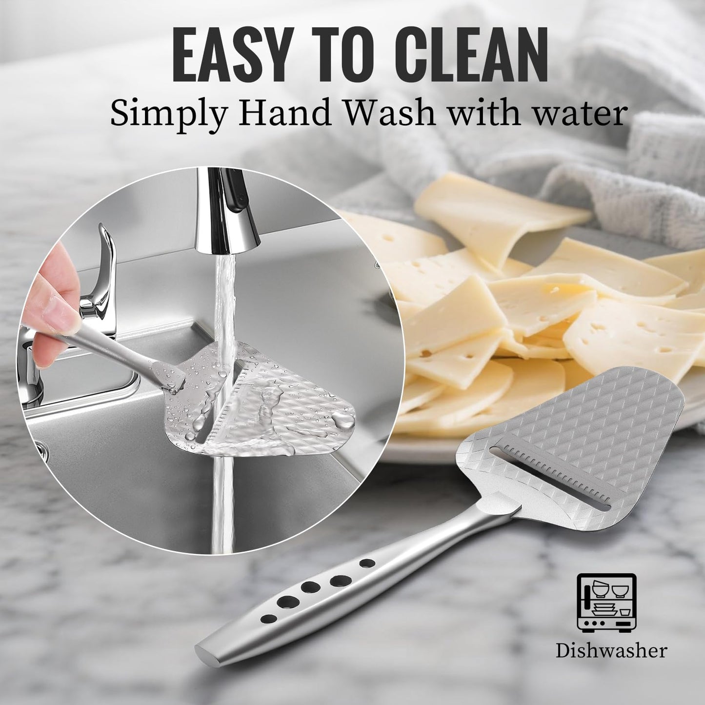 Premium Cheese Slicer – Effortless Slicing for All Cheese Types – Multi-Functional Cheese Cutter - Stainless Steel Cheese Plane – Quilted Pattern Reduces Resistance, Non-Stick, Ergonomic Handheld Grip