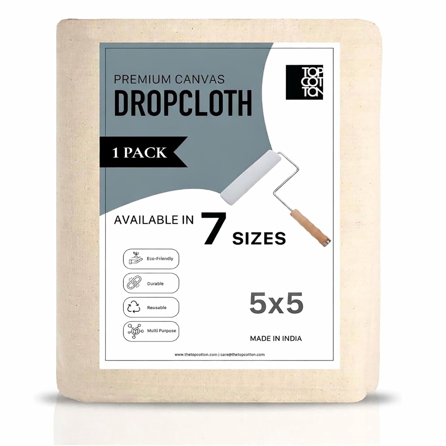 Top Cotton Canvas Drop Cloth 1Pc, Reusable Paint Drop Cloth, 100% Recycled Cotton Canvas Tarp Cover for Painter, Furniture, Floor Protection, All Purpose Painters Dropcloth for Christmas DIY (5x5FT)