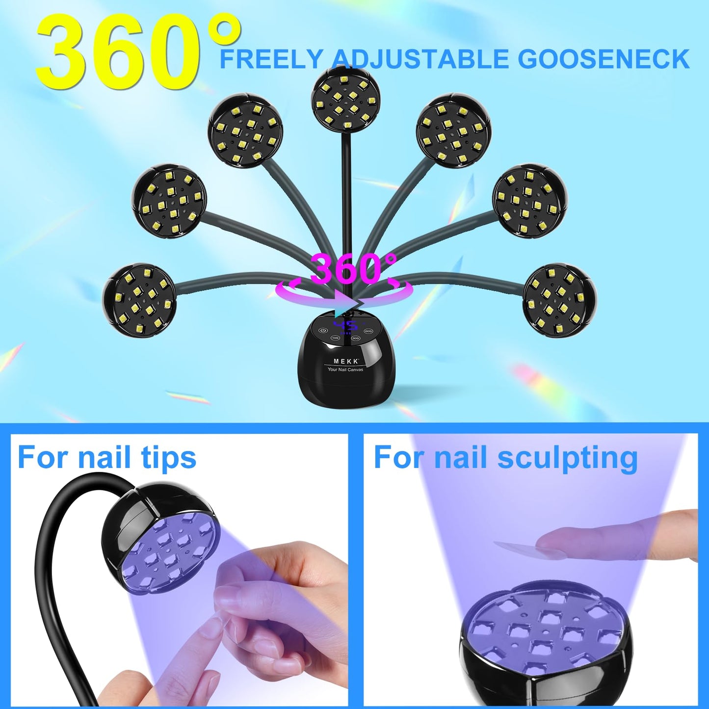 MEKK Gooseneck UV LED Nail Lamp - 36W Cordless Mini UV Light for Gel Nails for Home & Travel, Single Nails Light for Detail Work, Flash Cure Lamp with Auto Sensor, 4 Timers, Flower Design (Black)