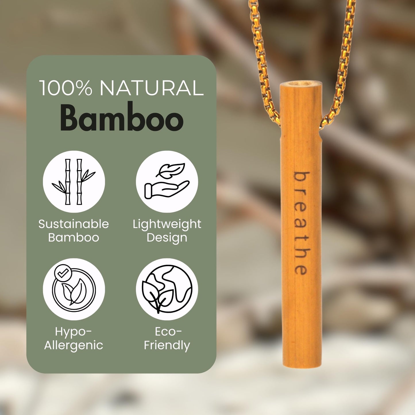 MyCalmAir Bamboo Breathing Necklace for Meditation, Mindfulness Tool, Stress Reducer, Eco-Friendly Breathe Pendant, Portable Relaxation Gift for Men & Women (Rose Gold)