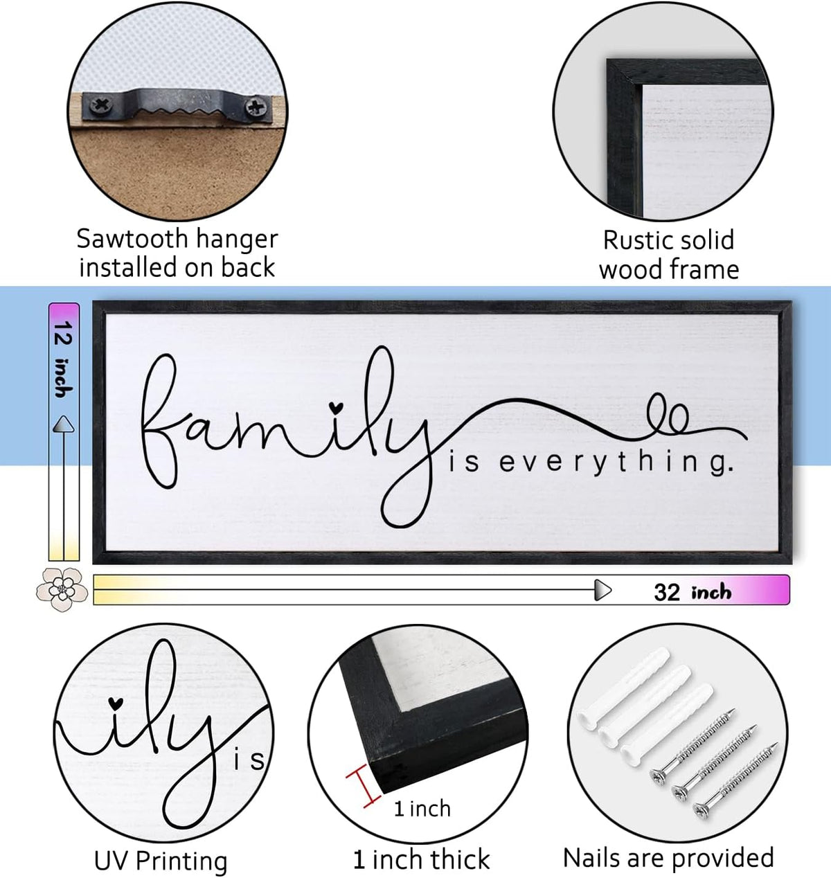 Foutcheou Family is Everything Wall Decor Sign 32"×12" for Family Living Room Large Wood Framed Wall Art Hanging Decoration (Black)