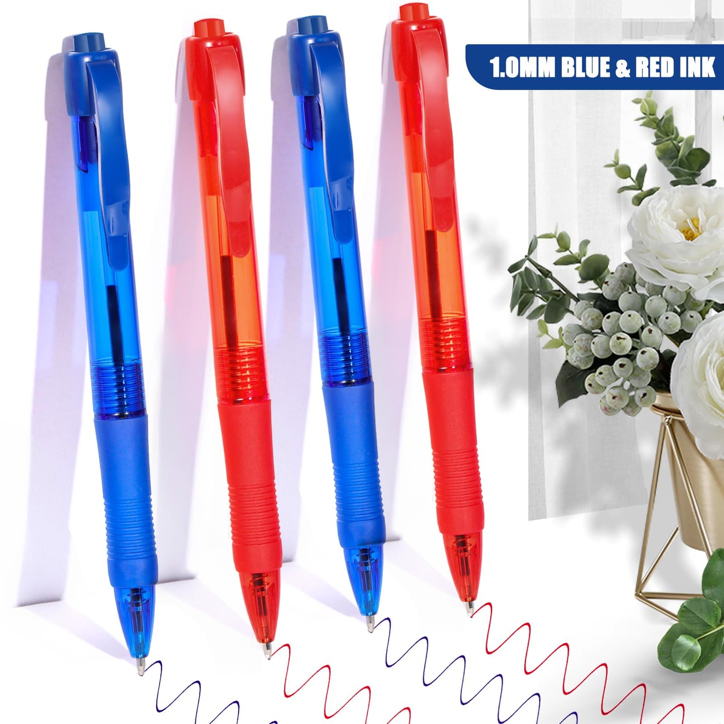 deegtran Pens Bulk, 50 Pack No Bleed Blue & Red Ink Click Pens with Soft Grip, Wholesale Retractable Ballpoint Pens for Office School, Medium Point Smooth 1.0MM