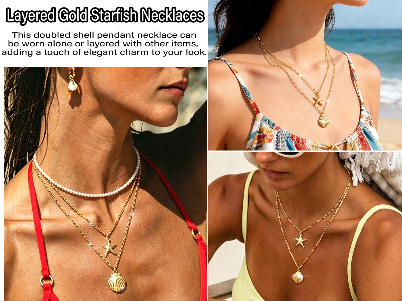 Tgirls Boho Starfish Layered Necklace Shell Pendant Necklace Silver Necklaces Chain for Women (Gold)