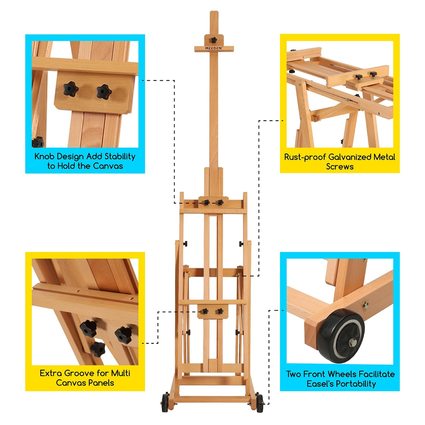 MEEDEN Versatile Studio H-Frame Easel - All Media Adjustable Beech Wood Studio Easel, Painting Floor Easel Stand, Movable and Tilting Flat Available, Holds Canvas Art up to 77"