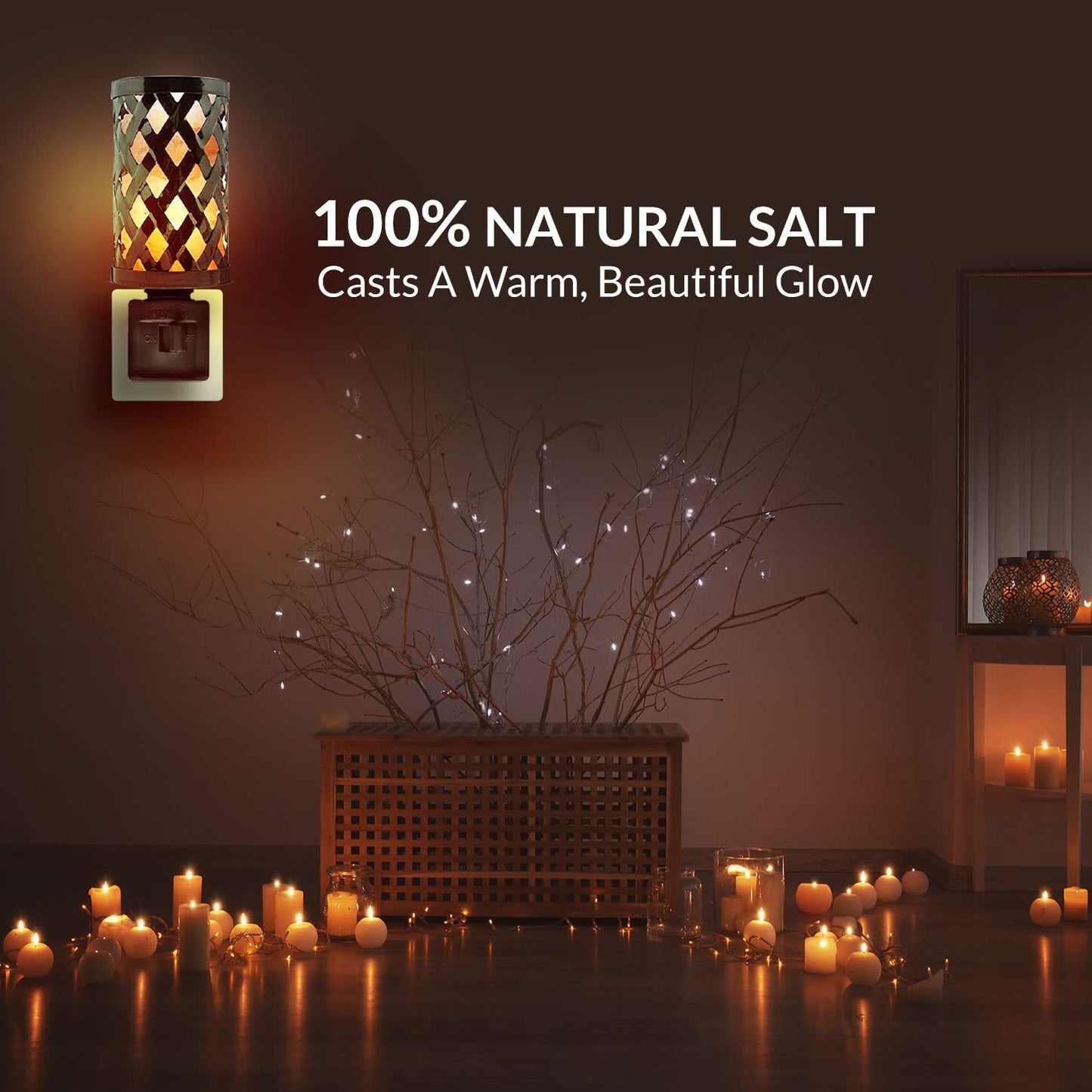 Himalayan Glow Lattice Style Basket Salt Lamp Night Light with Pink Salt Chunks | 360 Degree Rotatable Wall Plug,Ideal Gift For Home Décor