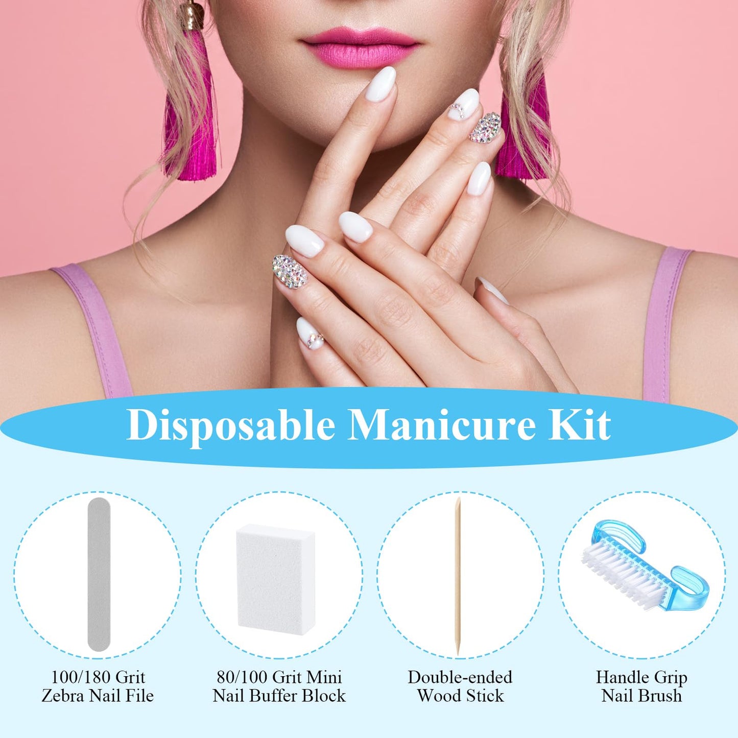 Leriton 100 Sets Mothers Day Professional Disposable Manicure Kit Basics 4 Piece Nail Kit Wood Nail File 100/180 Grit, Mini Buffer 80/100 Grit, Wood Stick and Handle Grip Brush Gifts(Blue)
