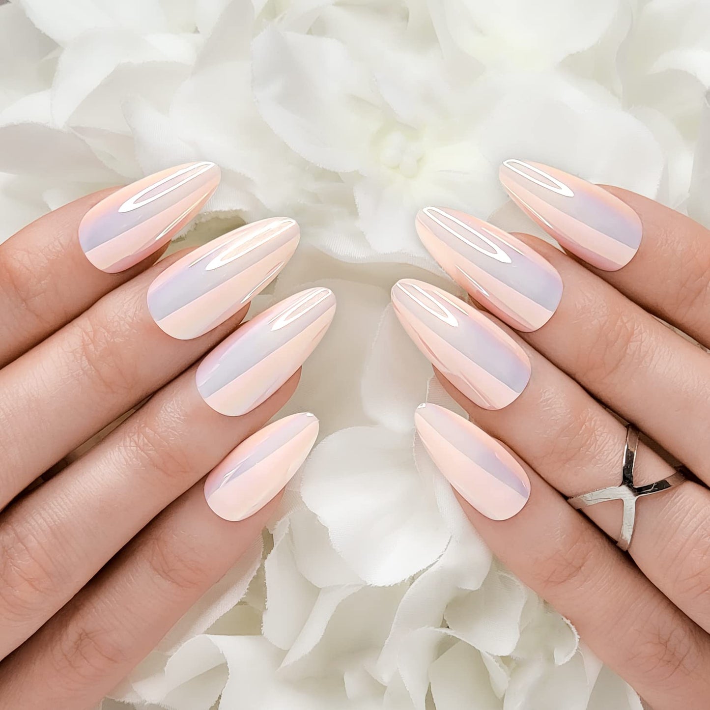 Hypnaughty Press On Nails - Caviar & Light Peach Almond Chrome, Trendy & Salon Quality Reusable Nails With Kit