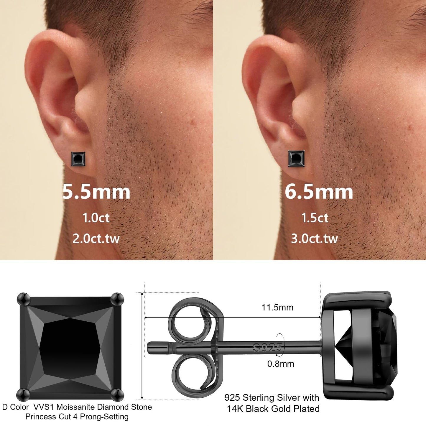 KRKC Black Moissanite Stud Earrings, Sterling Silver, 3ct, Unisex, Hypoallergenic, Friction Back, Luxurious Stud Earrings
