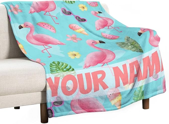 Custom Flamingo Blankets Gifts with Name - 30 x 40 Inches Cute Throw for Boys - Green Soft Fuzzy Plush Flamingo Blankets for Chair