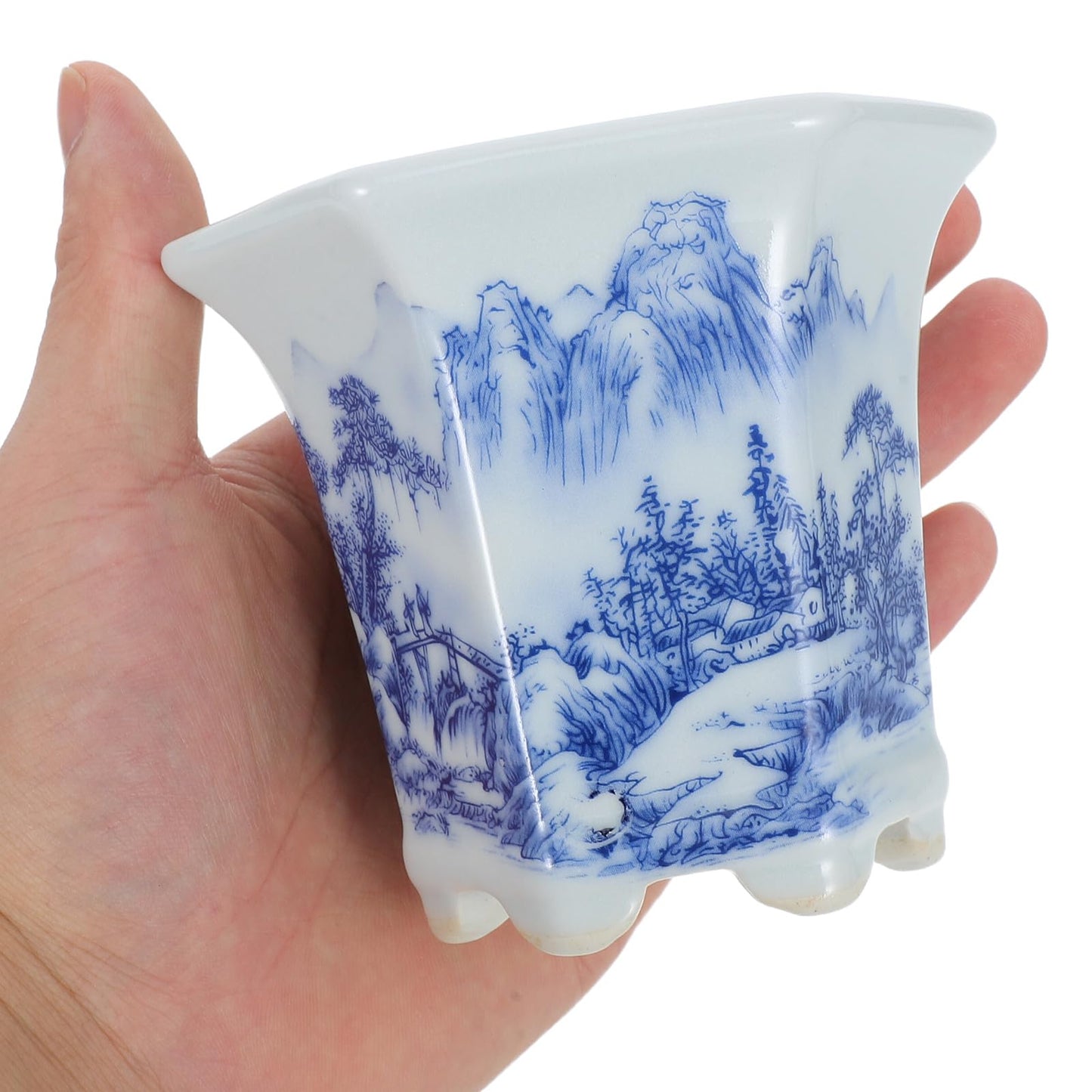 Yardenfun Blue and White Porcelain Planter Pot for Indoor Plants Small Ceramic Succulent Flowerpot Asian Style Oval Home Garden Decor