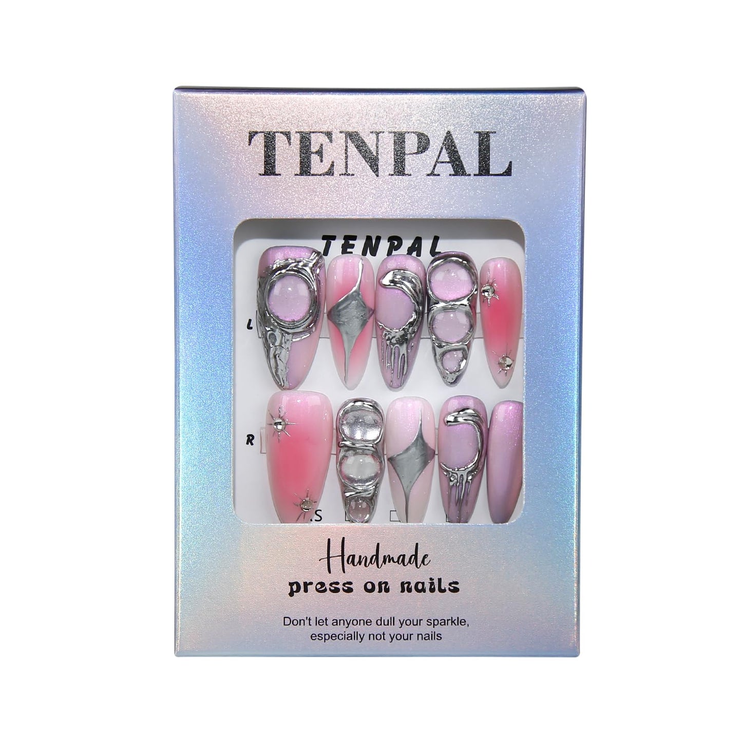 TENPAL Handmade Press on Nails Almond,Sweet Cool Fake Nails With Designs,Metal 3D Aurora Nails 10Pcs/Box,Acrylic False Nails Press Ons,y2k False Nails With Glue For Women Girls Gift(L)