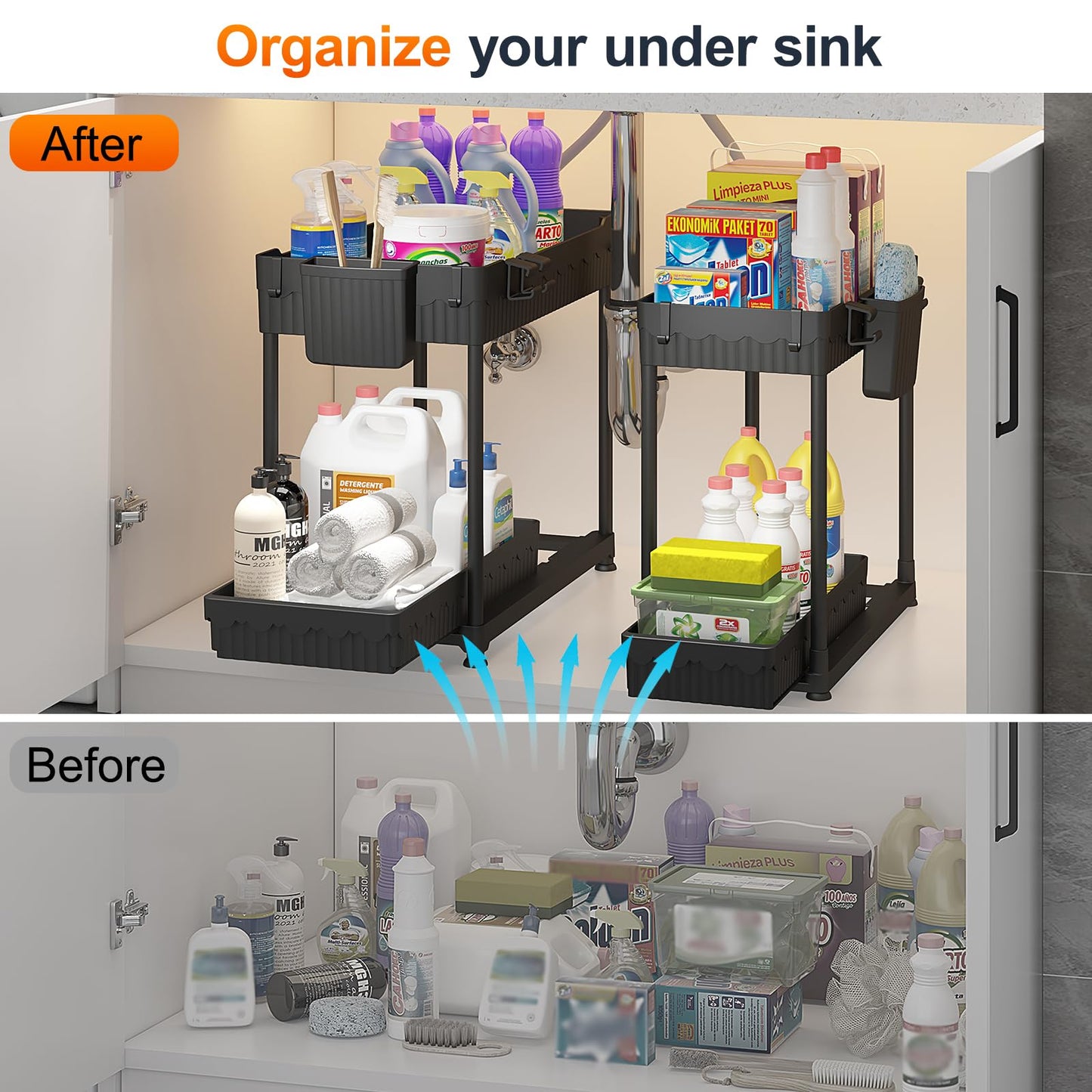 Sevenblue 4 Pack Under Sink Organizer, Bathroom Organizers and Storage, 2 Tier Multi-Use Pull Out Cabinet Organizer with Hang Hooks and Cups (Black, 4 Pack)