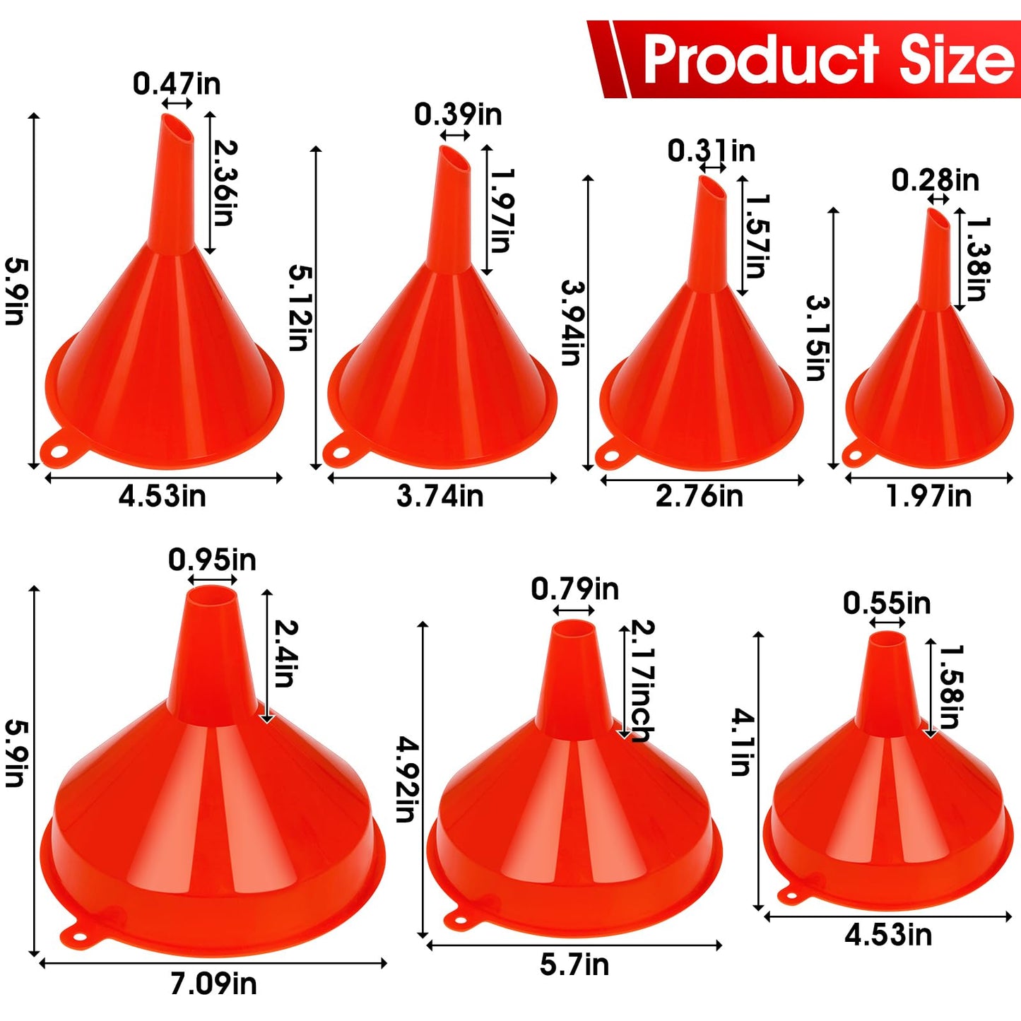 DEDC Oil Funnels Plastic Set for Car Automotive Kitchen Mini Small Large Red (7 PCS Oil Funnels)