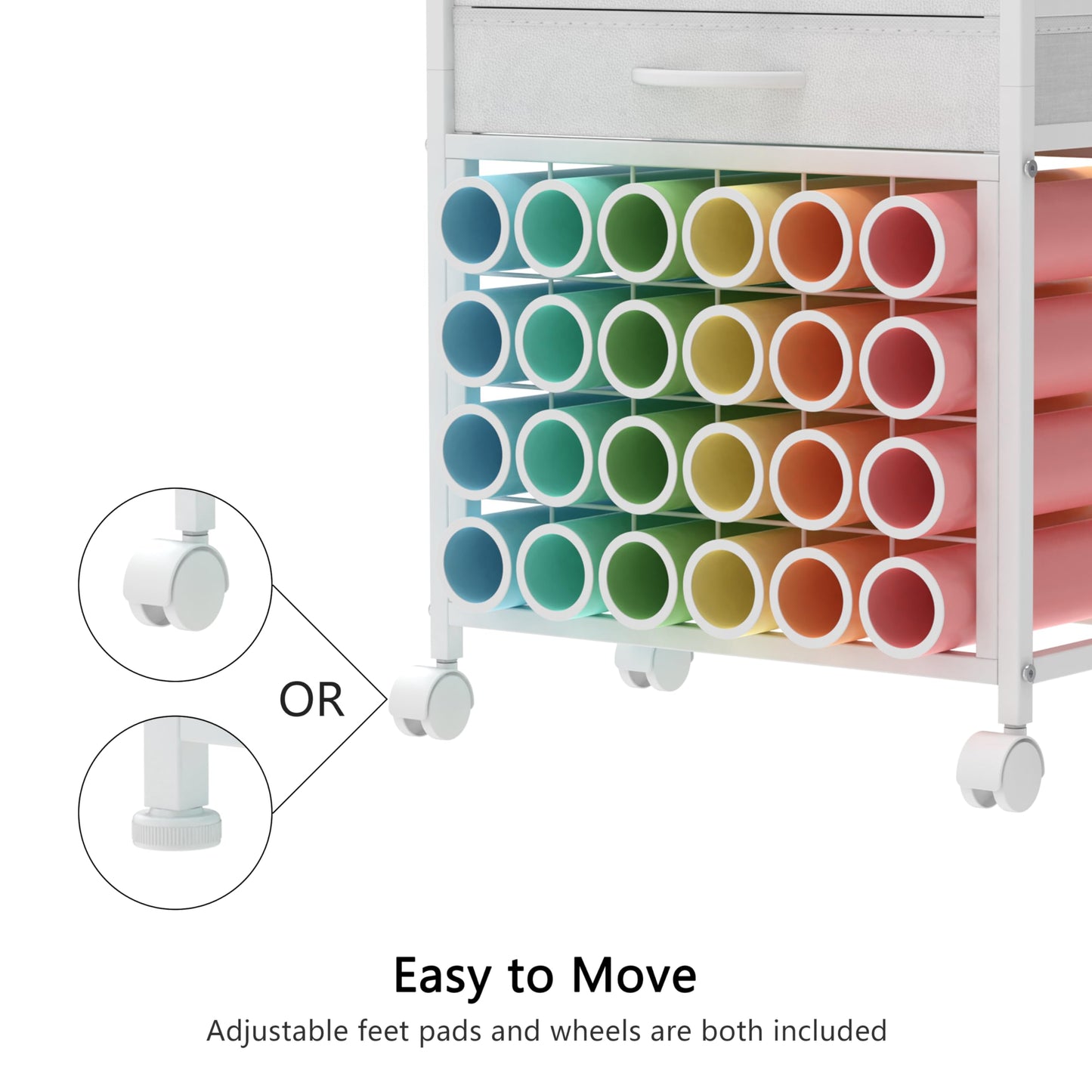 VENNQD Organizer and Storage Stand Compatible with Cricut Machines,Rolling Storage Cart/Shelf with 24 Vinyl Roll Holders，2 Fabric Drawer,Accessories Holder,Tool Hook for Craft Room Home (white)