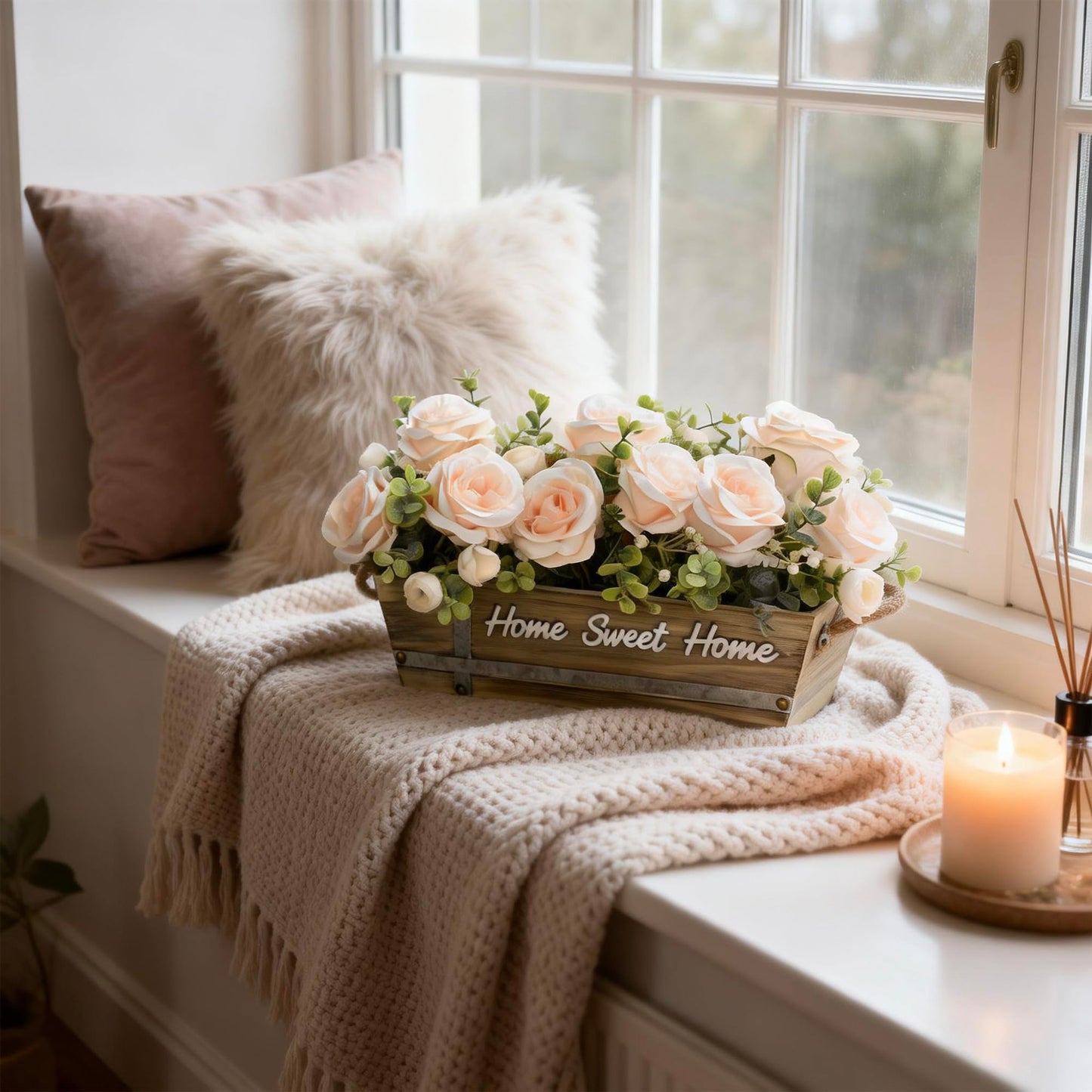 ANMAYNICE Artificial Rose Flower Arrangement with Eucalyptus in Wooden Planter, Faux Flowers Farmhouse Table Centerpiece, “Home Sweet Home” Rustic Home Décor, Champagne