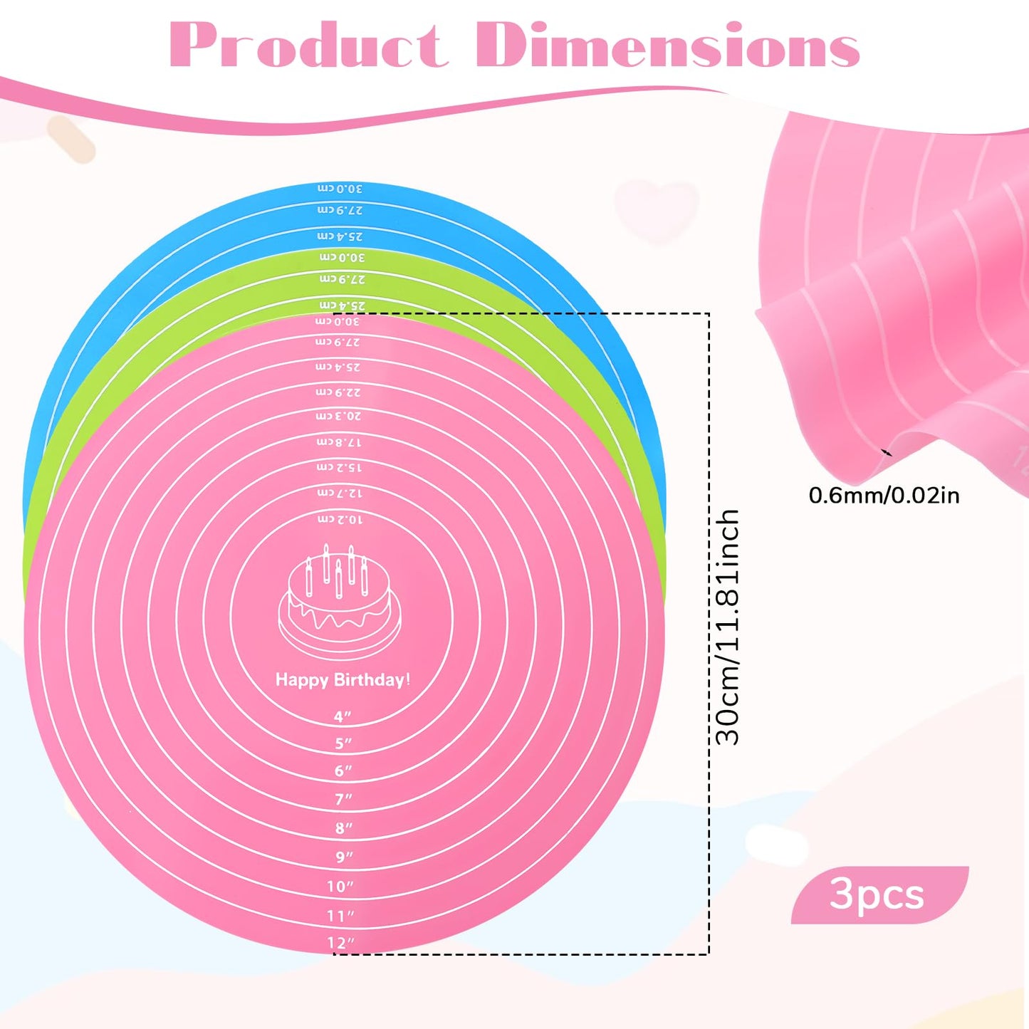 TIESOME 3 Pcs Round Silicone Baking Mat, 12 Inch (30cm) Silicone Rolling Mat With Measurements, Reusable Non-Stick Heat Resistant Baking Sheet for Dough, Fondant, Cookie & Pizza (Blue Pink Green)