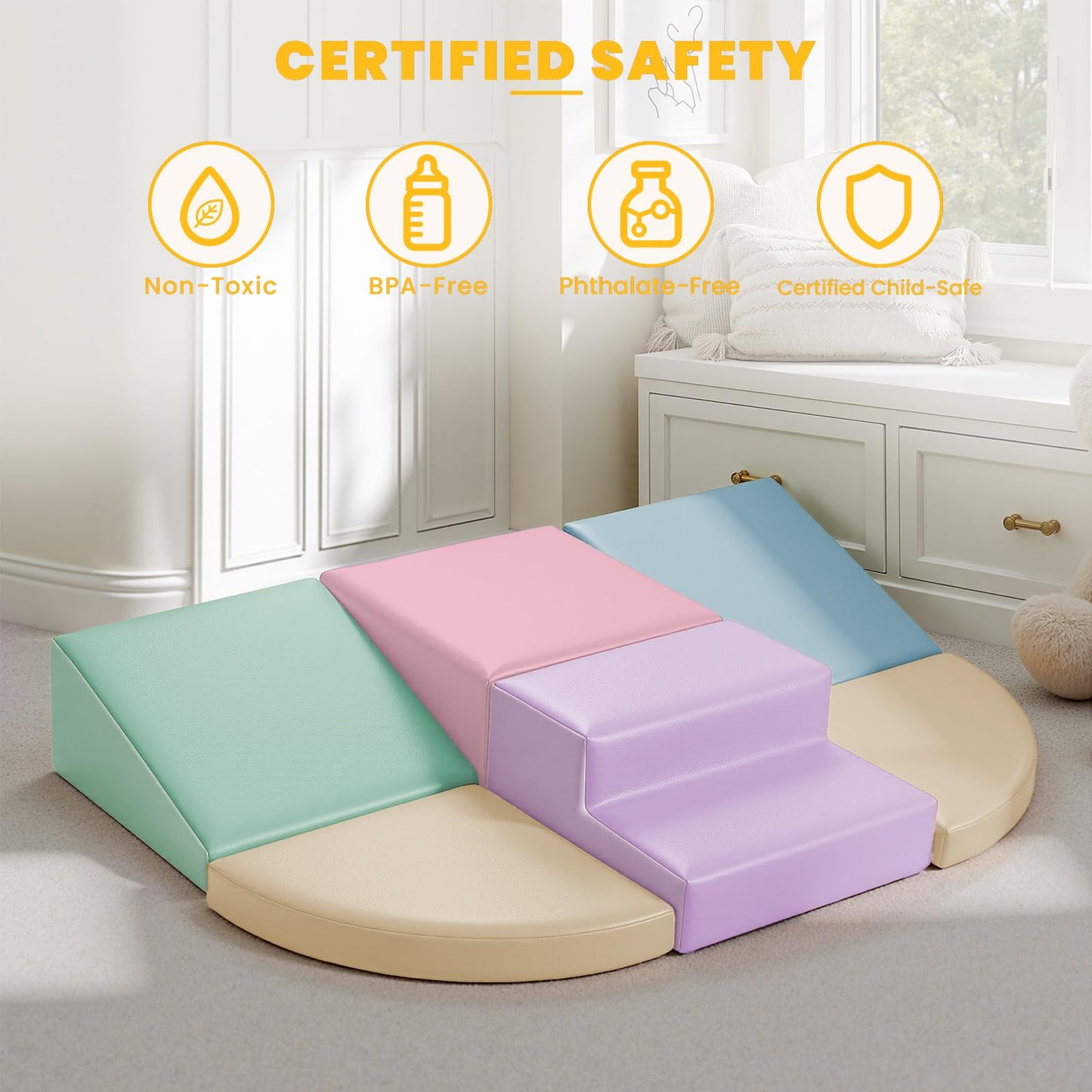 Hoohtoot Foam Climbing Blocks for Toddlers: 6-Piece Soft PU Leather Set - Indoor Climbing and Crawling Toys - Baby Play Gym - Kids Learning Play Structure for Preschool