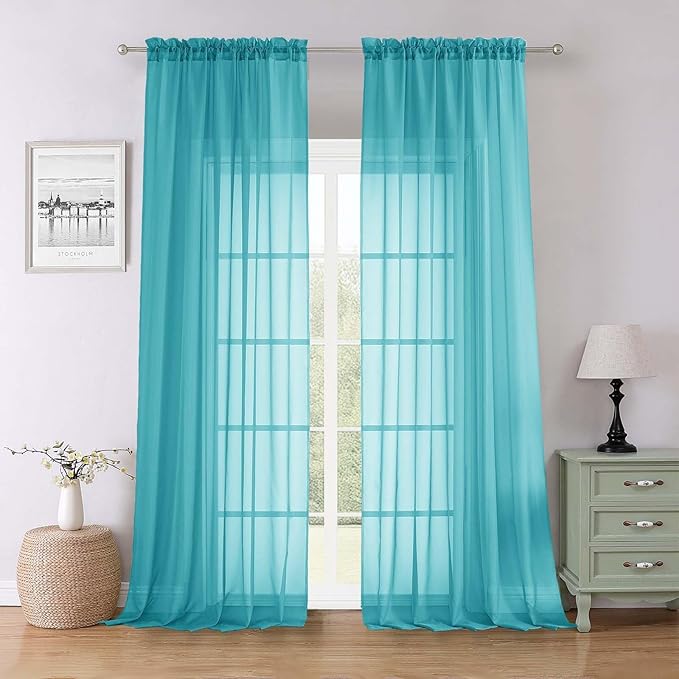 Lecloud Turquoise Sheer Curtains 96 Inches Long 2 Pcs, Light Filtering Window Curtains for Living Room Bedroom Dining Room, Vintage Home Decor Rod Pockets Privacy Drapes, Each Panel 59" W x 96" L