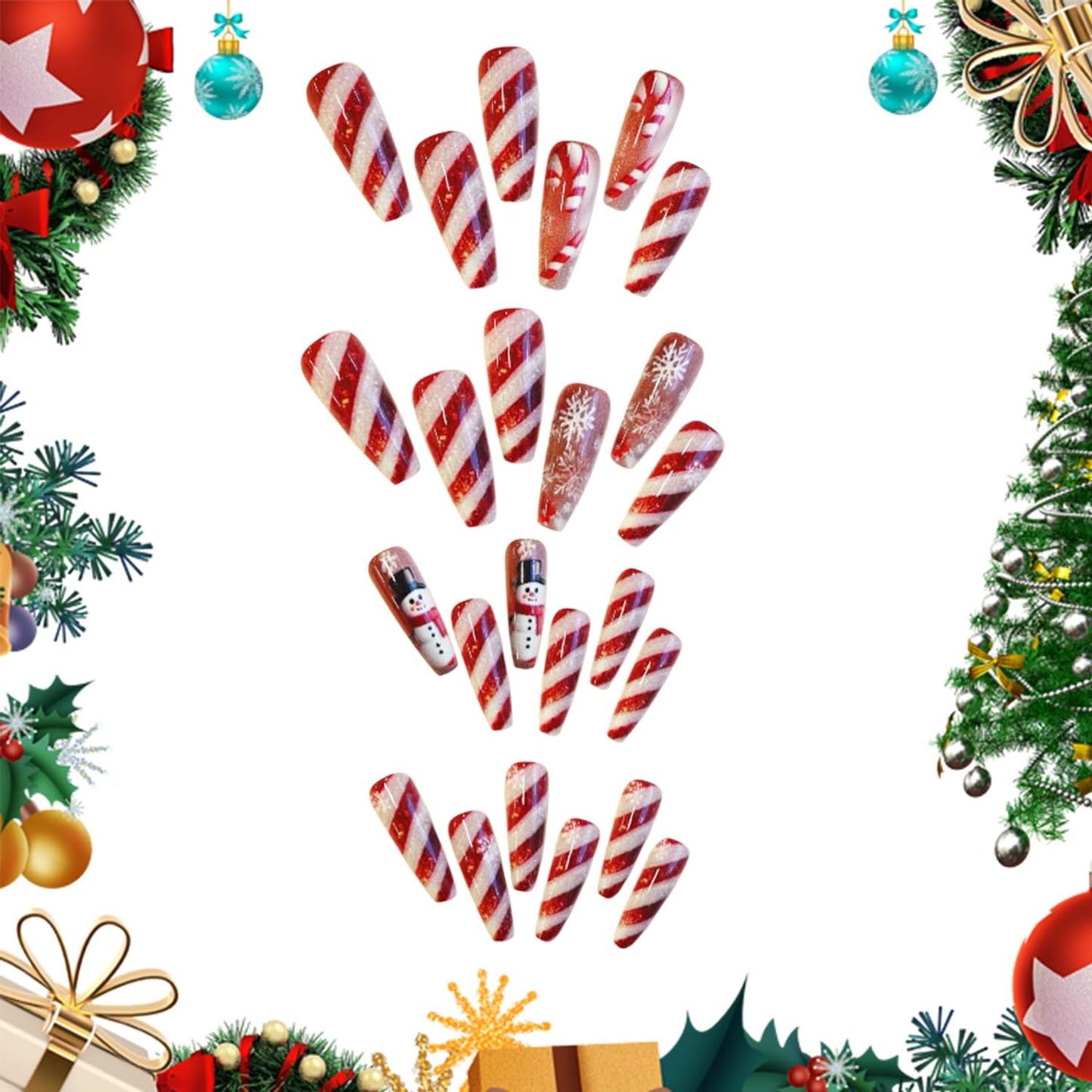CJDLTS Snowflake Press on Nails Long Ballet Artificial Acrylic Fake Nails Snowman Red White Stripe with Glitter Stick on Nail Christmas False Nail Full Cover Winter Artificial Fingernails for Women