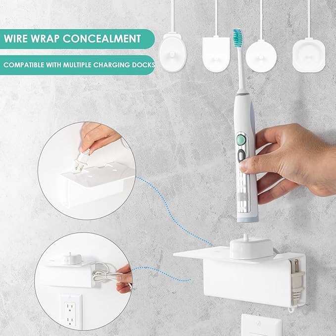 Modern Acrylic Wall Mounted Electric Toothbrush Holder with Hidden Cable Management - Space-Saving Bathroom Organizer for Shower-Safe, Waterproof Adhesive Mount No Drill-White