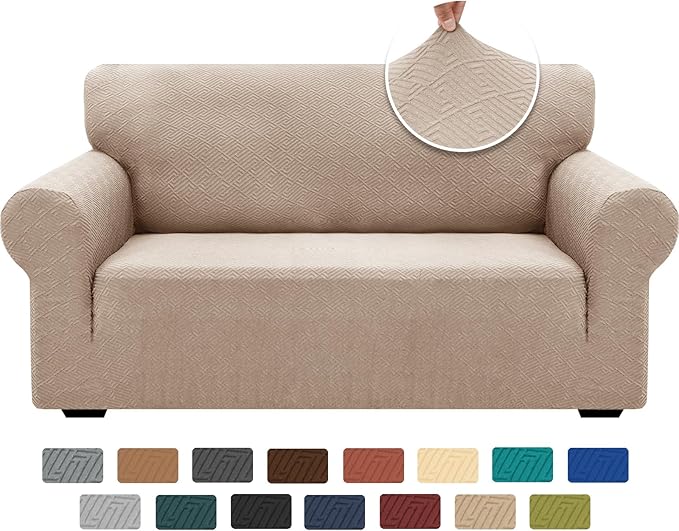 XINEAGE 2026 New 1 Piece Couch Covers for 2 Cushion (55"-69") Stretch Loveseat Sofa Cover Slipcover Jacquard Universal Furniture Protector with Elastic Bottom for Kids,Dog (Loveseat, Khaki)