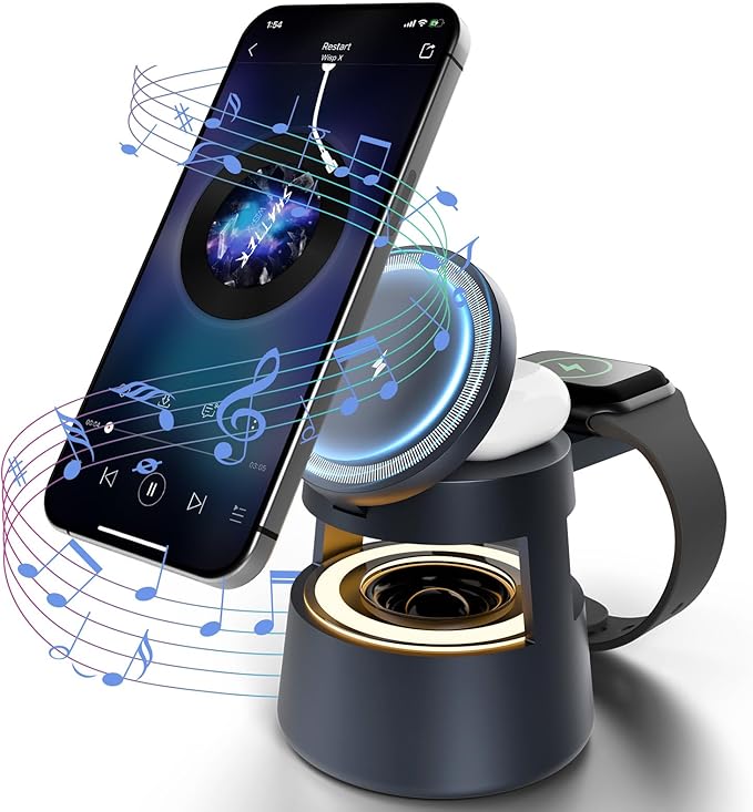 5 in 1 Magnetic Wireless Charger Bluetooth Speakers and Night Light for Apple Mag Safe iPhone 17 16e 16 15 14 13 12 Pro Max iWatch and AirPods Fast Charging Station Gift Ideal for Men Teenage Boys