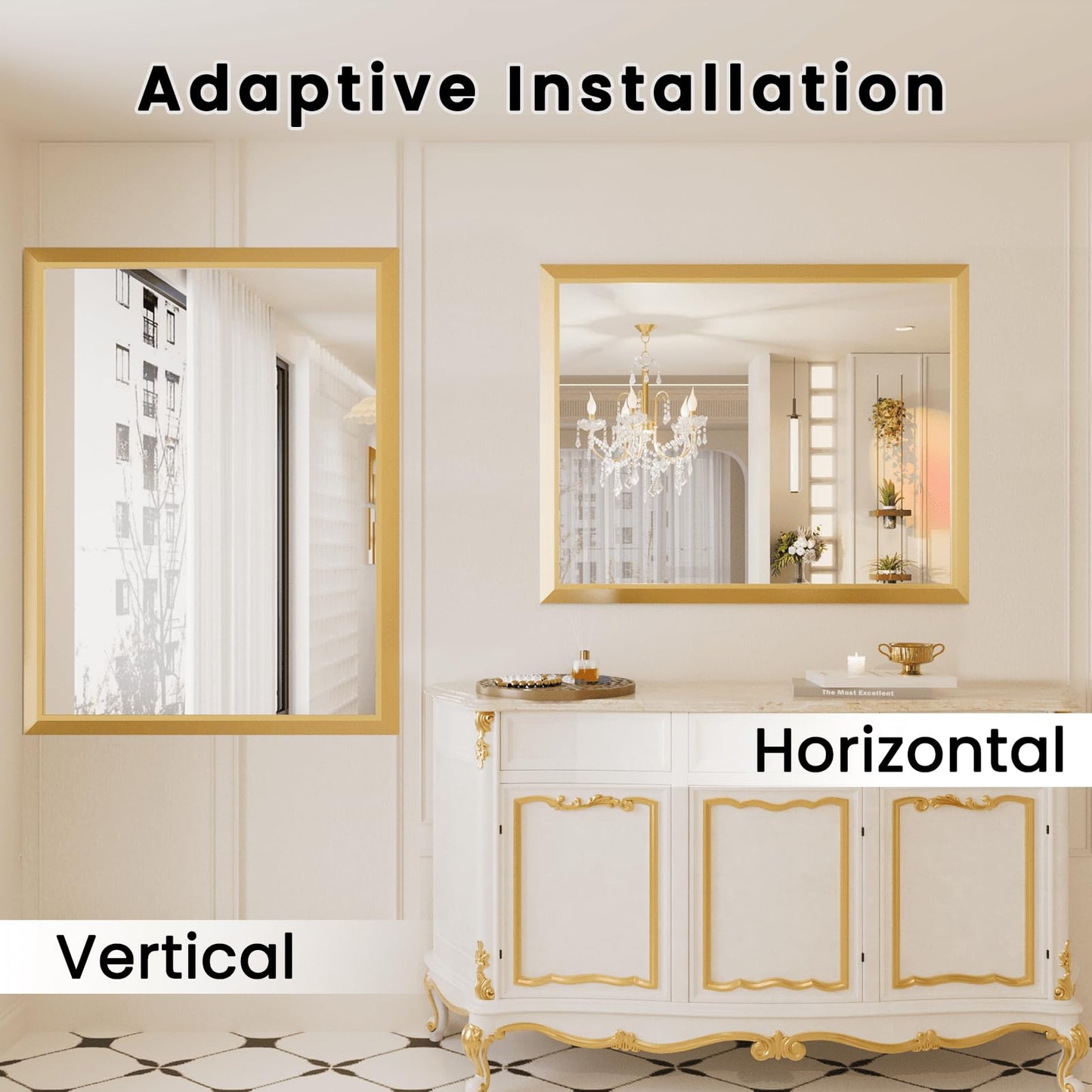 Amorho 24x36 Inch Bathroom Mirror, Gold Thick Metal Framed Wall Mirrors for Over Sink, Wall-Mounted Mirrors Perfect for Bedroom, Living Room, Entryway, Rectangle (Horizontal/Vertical).